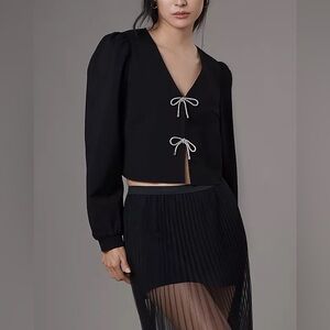 Dolan Left Coast Black Bling Bow Front Cropped Cardigan Top Puff Sleeve Coquette